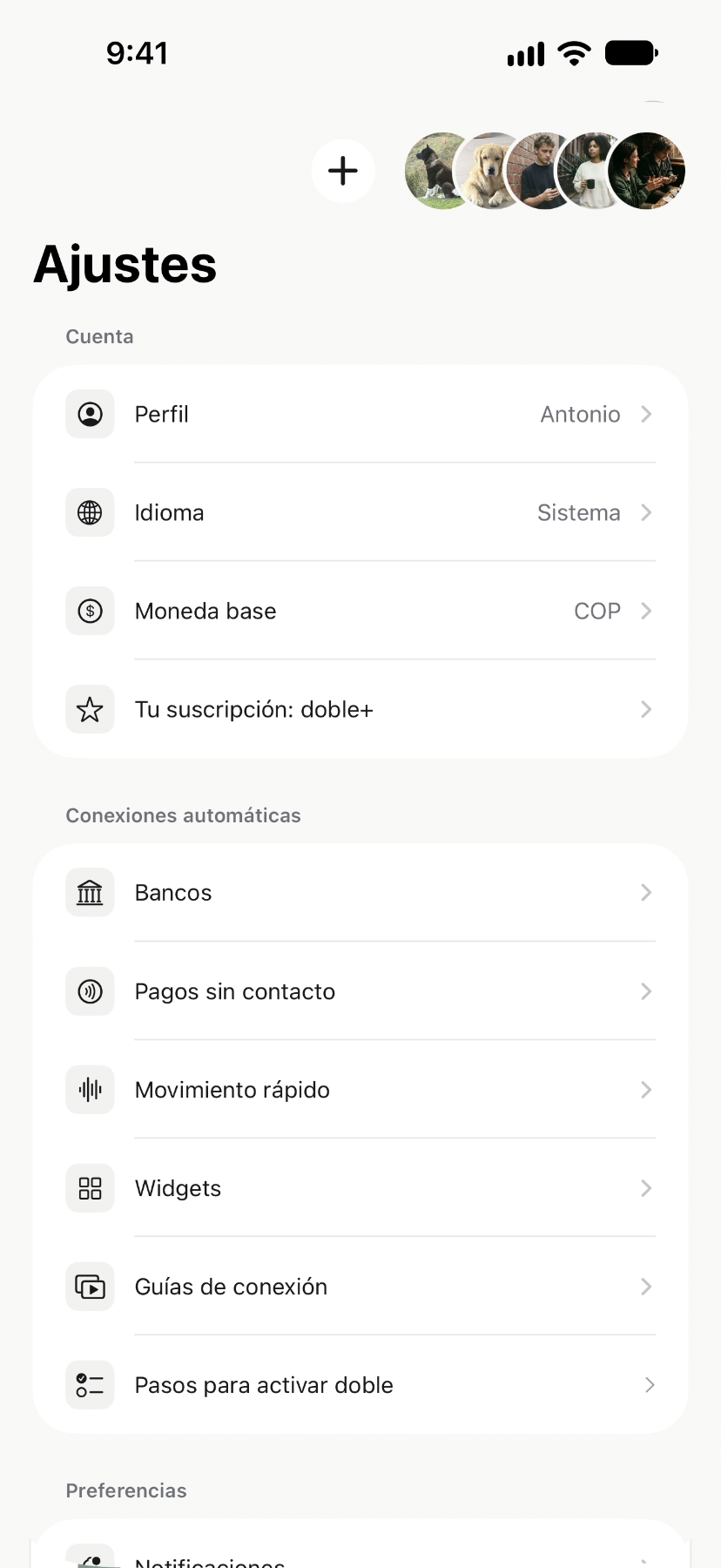 Ajustes de doble, con el selector de cuentas arriba
