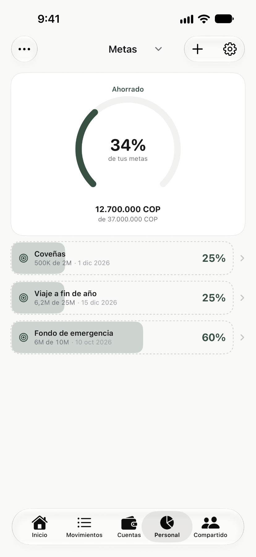 Metas de ahorro en doble, con su cuota y su avance
