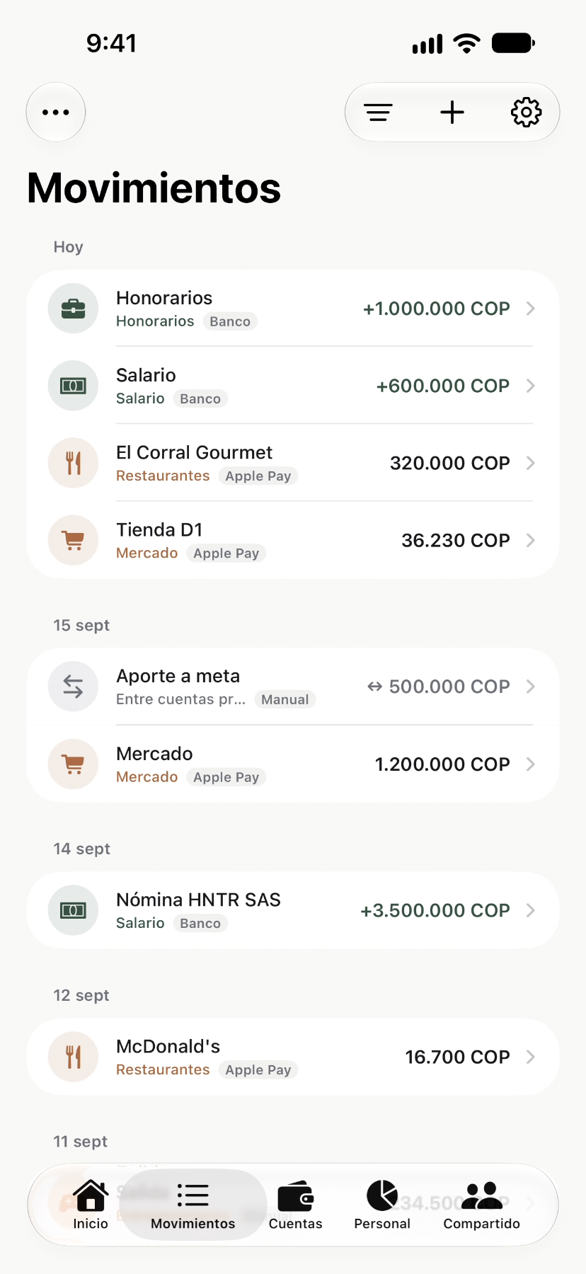 Movimientos en doble, cada uno con su banco y su categoría