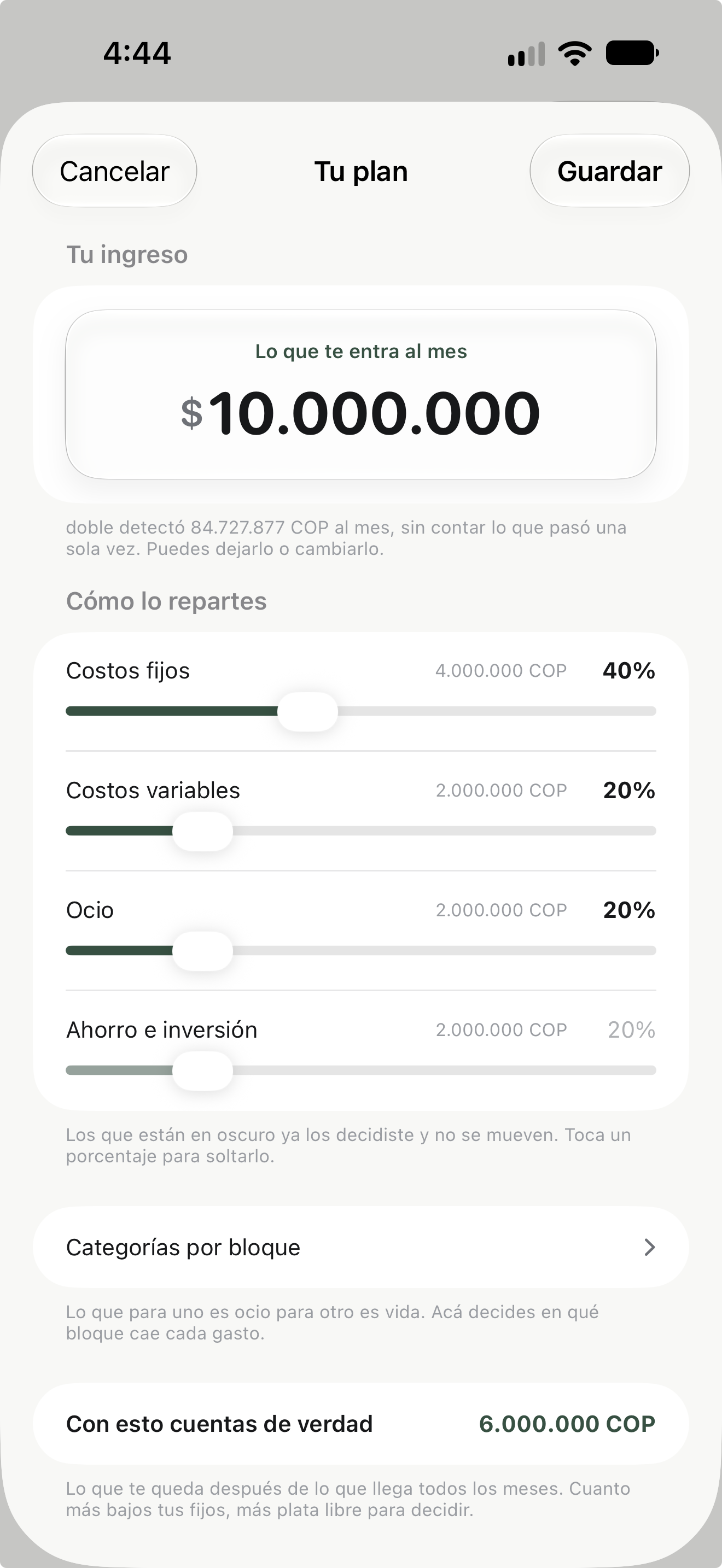 Tu plan en doble: el ingreso del mes repartido en fijos, variables, ocio y ahorro
